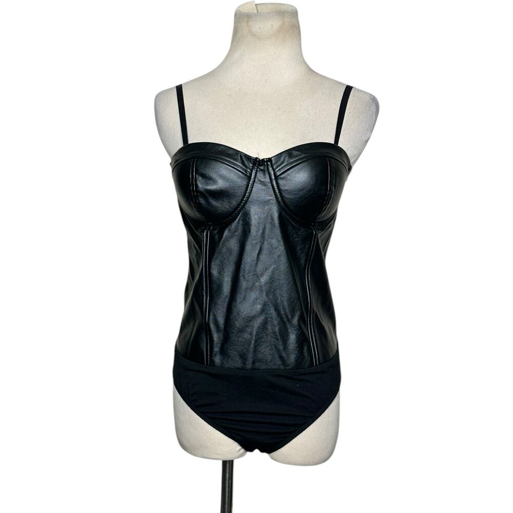 Say What? black faux leather sexy bodysuit size M